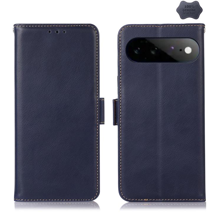 Navy leather phone wallet case with stitched edges, side hinge, and camera cutout