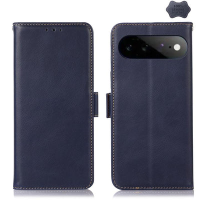 Navy leather phone wallet case with stitched edges, side hinge, and camera cutout