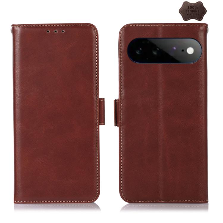 Brown leather phone case with flip closure, stitched edges, and camera cutout window