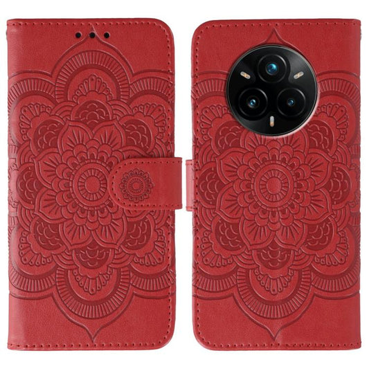 Red embossed sun mandala leather-style phone wallet case with flip cover and strap.