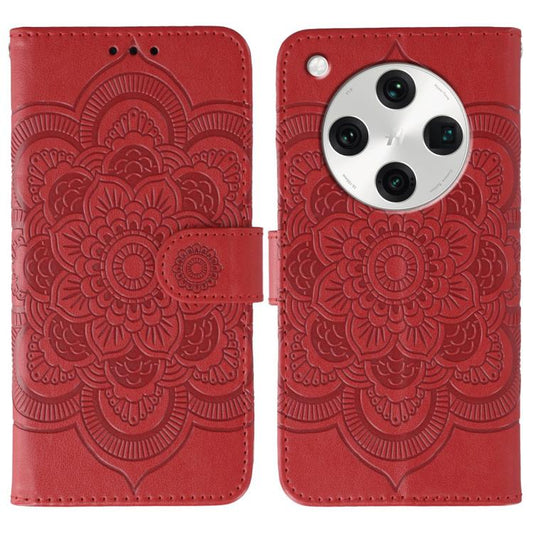 Red sun mandala embossed phone leather case with flip strap and stitched edges