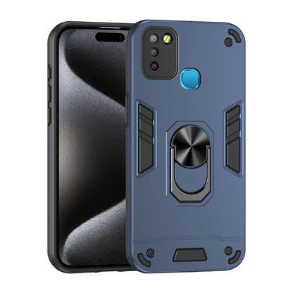 Blue shockproof phone case with metal ring holder, camera cutout, and side grips