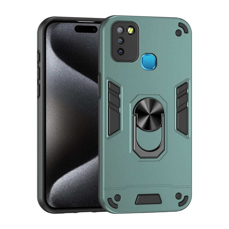 Teal shockproof phone case with metal ring stand and shock-absorbing corner bumpers