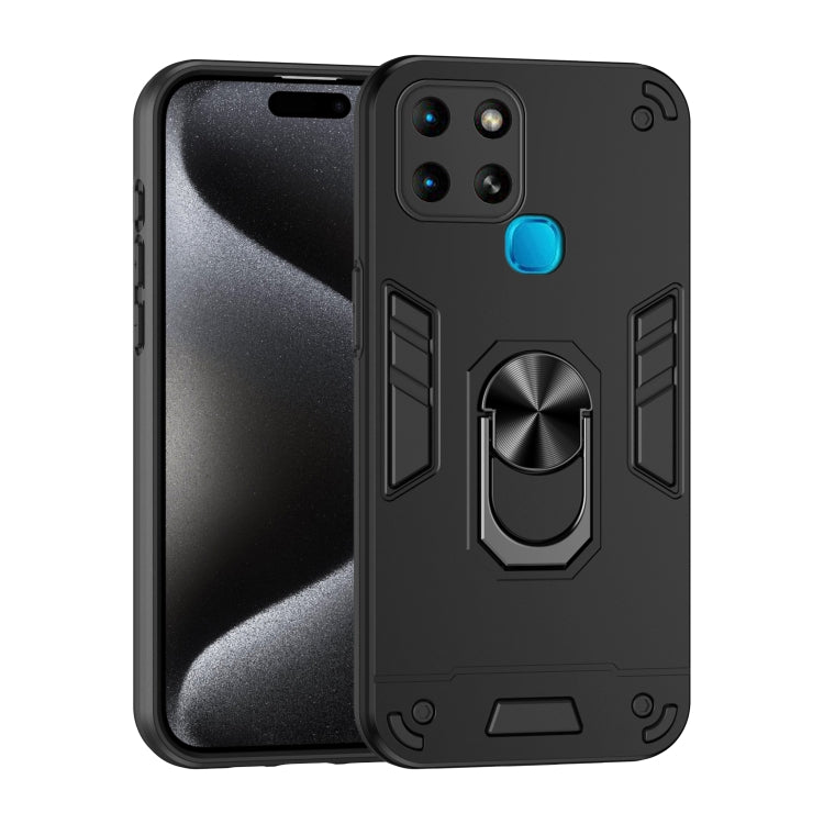 Shockproof phone case with metal ring holder, black hard shell