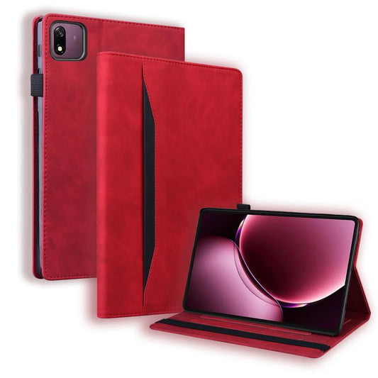 Red leather tablet folio case with protective cover and camera cutout, kickstand-style view