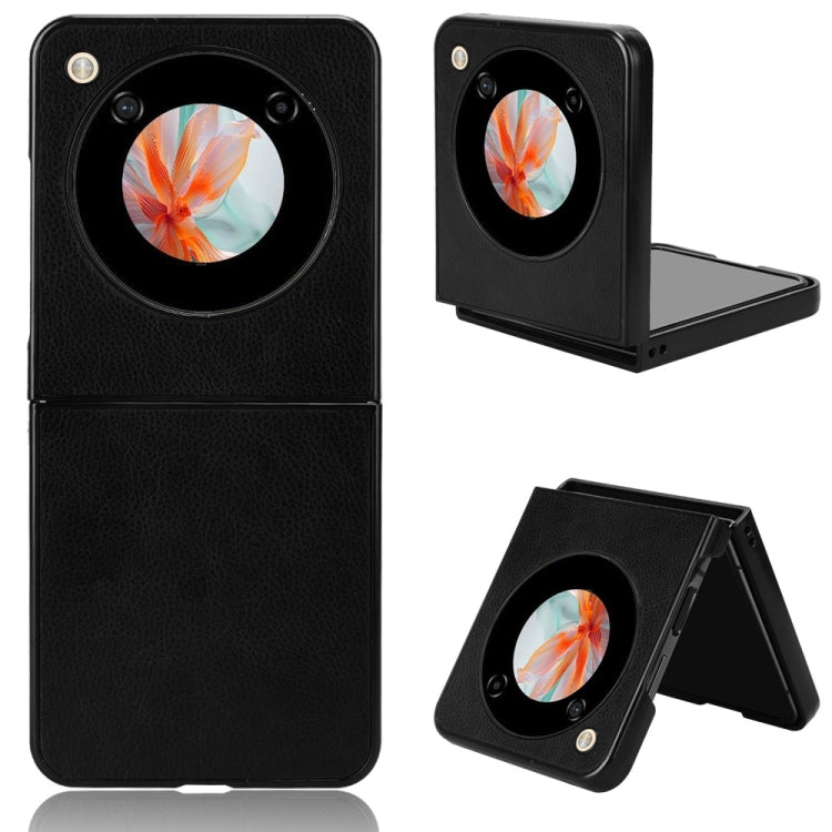 Black litchi-texture phone back case with circular camera cutout and foldout kickstand