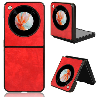 Red litchi-texture phone back case with circular camera cutout and foldout kickstand