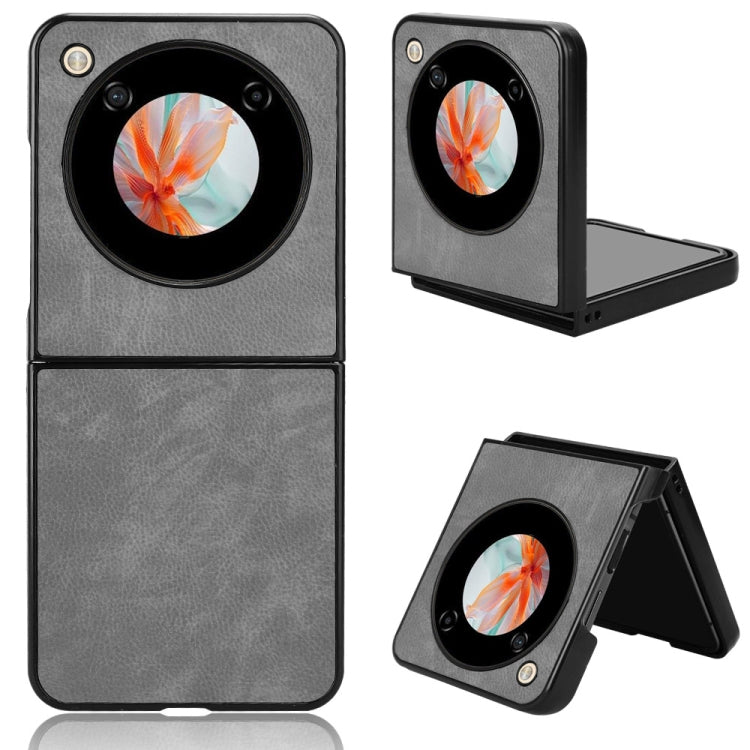 Grey litchi-texture phone back case with circular camera cutout and foldout kickstand