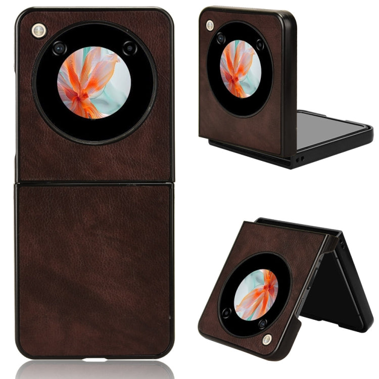 Brown litchi-texture phone back case with circular camera cutout and foldout kickstand