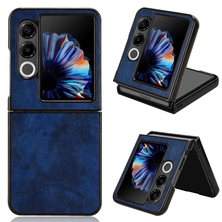 Blue litchi texture back cover phone case shown with folded stand and camera cutouts