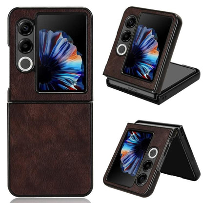 Brown litchi texture back cover phone case shown with folded stand and camera cutouts