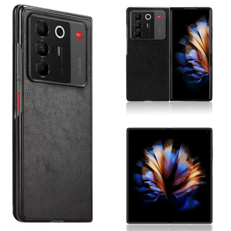 Litchi texture back cover phone case in black, with camera cutouts and slim profile