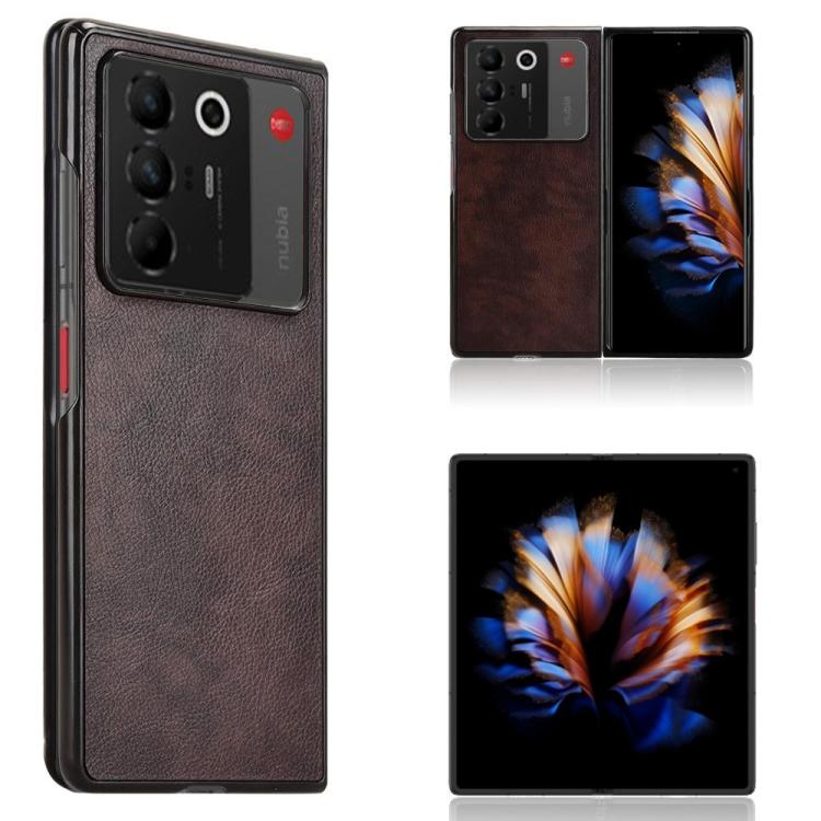 Litchi texture back cover phone case in brown, with camera cutouts and slim profile