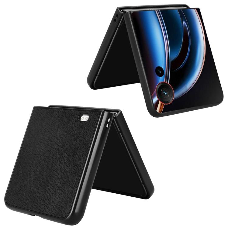 Litchi-texture flip phone case, black, folded and standing with camera cutouts
