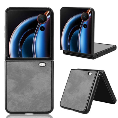 Litchi-texture flip phone case, grey, with stand and camera cutouts for rear protection