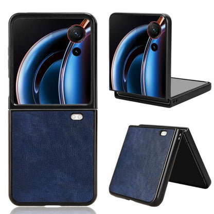 Litchi-texture flip phone case, blue, with stand and camera cutouts for rear protection