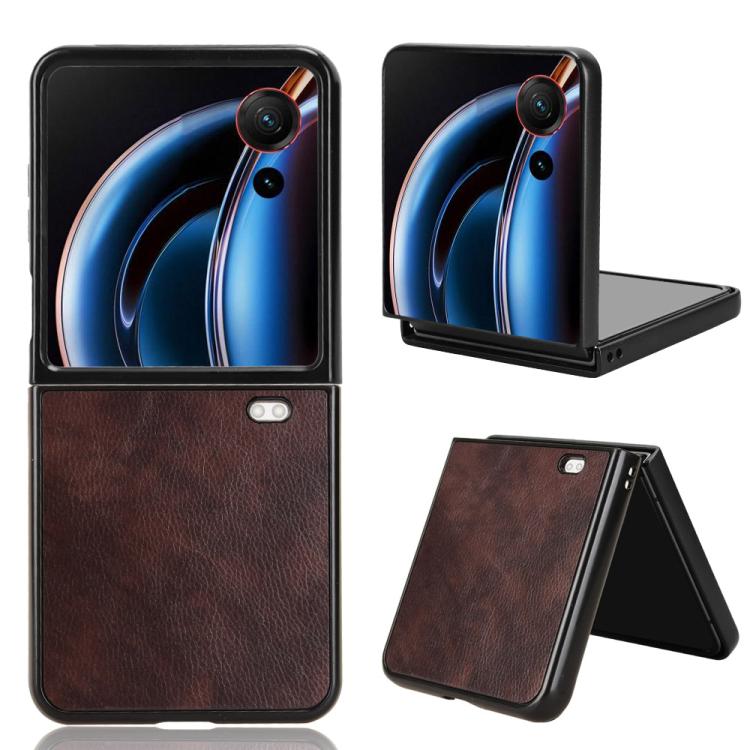 Litchi-texture flip phone case, brown, with stand and camera cutouts for rear protection