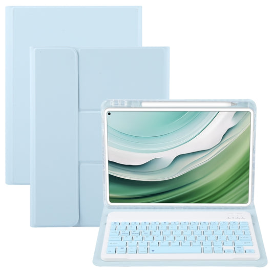 Sky blue keyboard case with rotatable cover, tablet display and full-size keys open