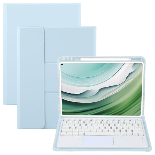 Sky blue Bluetooth keyboard case with touchpad, shown with tablet stand open
