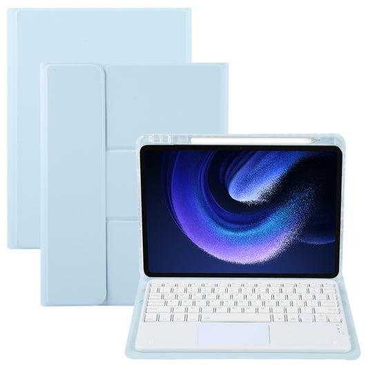 Sky blue keyboard case with touchpad, open view showing white keys and screen holder