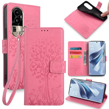 Embossed leather-look phone case with tree and deer, wrist strap, pink color