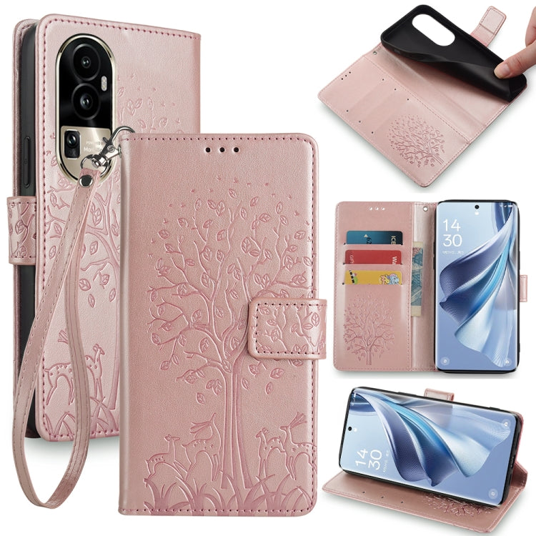 Embossed leather-look phone case with tree and deer, wrist strap, light pink color