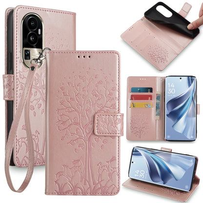Embossed leather-look phone case with tree and deer, wrist strap, light pink color