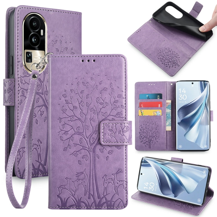 Embossed leather-look phone case with tree and deer, wrist strap, purple color