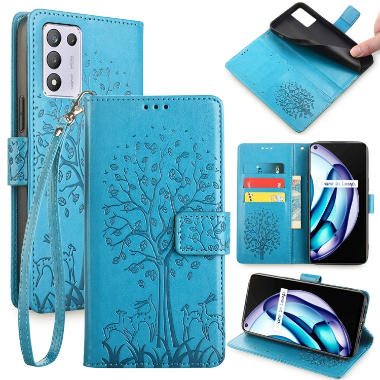 Embossed leather-look phone case with tree and deer, wrist strap, blue color
