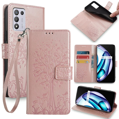 Embossed leather-look phone case with tree and deer, wrist strap, light pink color