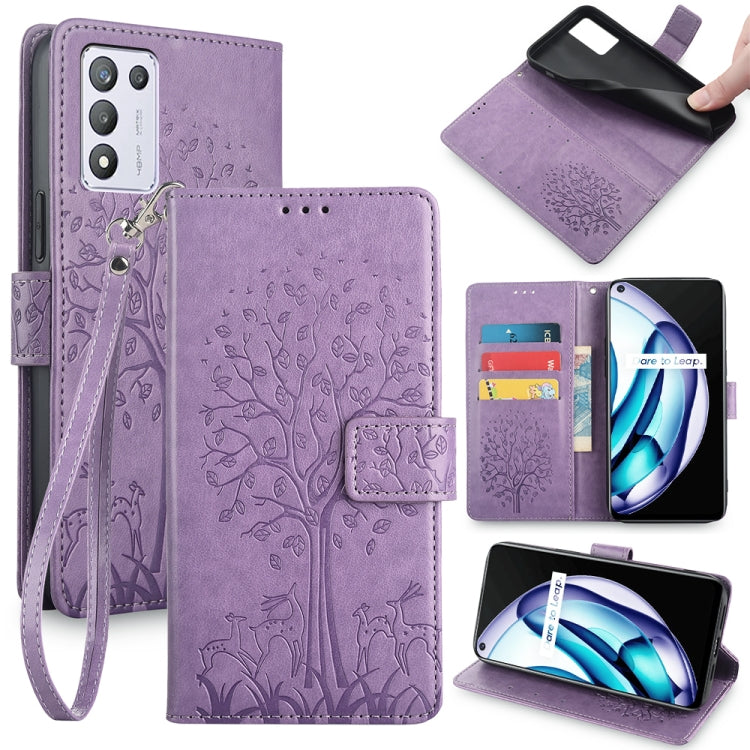 Embossed leather-look phone case with tree and deer, wrist strap, purple color