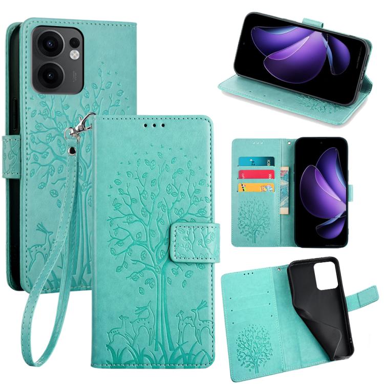 Teal embossed leather phone case with tree-and-deer pattern, folio wallet and wrist strap
