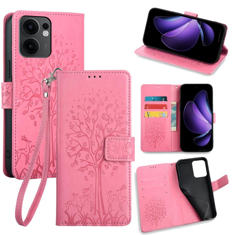 Rose pink embossed leather phone case with tree-and-deer pattern, folio wallet and wrist strap