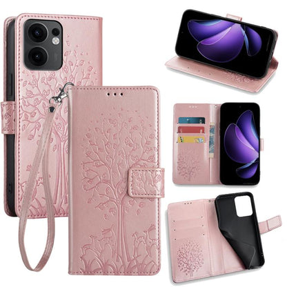 Light pink embossed leather phone case with tree-and-deer pattern, folio wallet and wrist strap