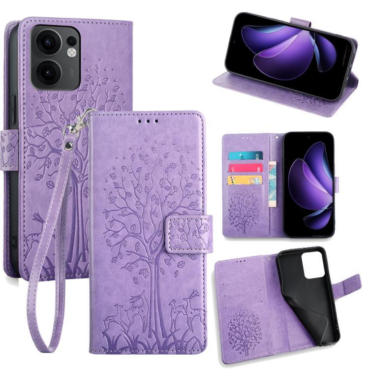 Lavender embossed leather phone case with tree-and-deer pattern, folio wallet and wrist strap