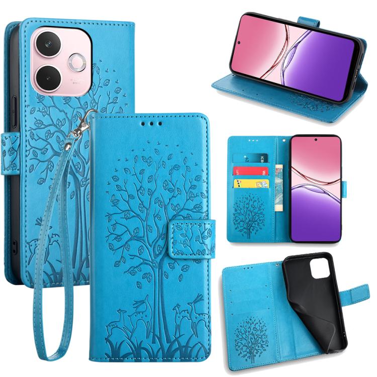 Blue embossed leather phone wallet case with tree and deer pattern, wrist strap and card holder
