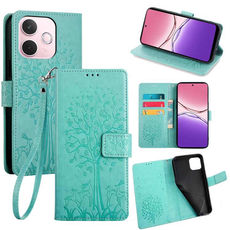 Turquoise embossed leather phone wallet case with tree and deer pattern, flip cover and strap