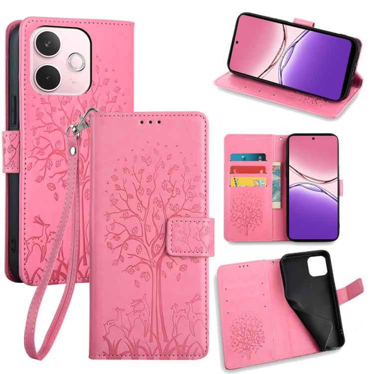 Pink embossed leather phone wallet case with tree and deer pattern, flip cover and wrist strap