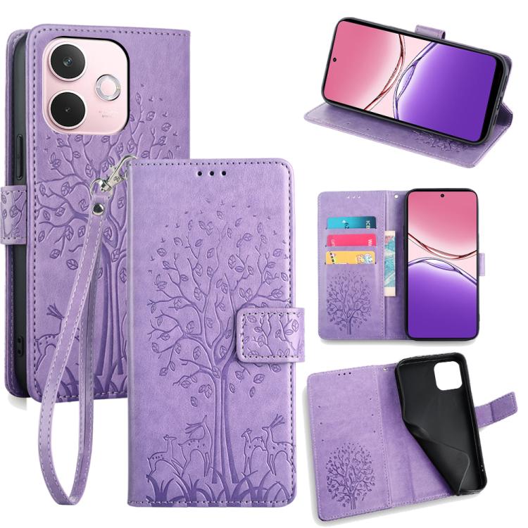 Purple embossed leather phone case with tree-and-deer pattern, folio wallet and wrist strap