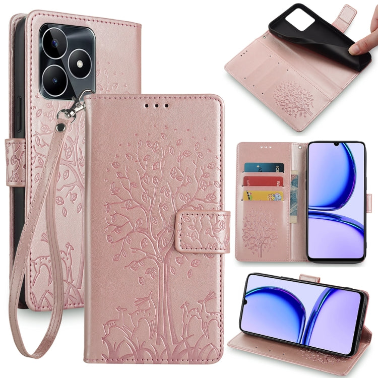 Tree & Deer Embossed Leather Phone Case, For Realme P3 Pro 5G Global, For Realme 14 Pro+ 5G, For Realme 14 Pro 5G Global, For Realme C75 4G / 14x 5G Global, For Realme C53 4G / Narzo N53 4G, For Realme Q3S