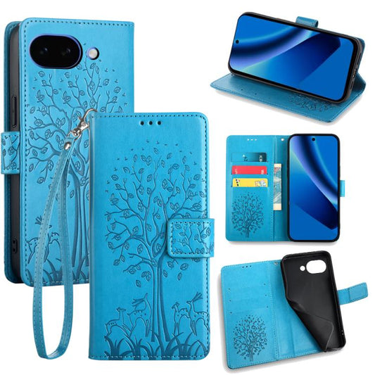 Tree-and-deer embossed phone wallet case with wrist strap, blue color, with card holder.