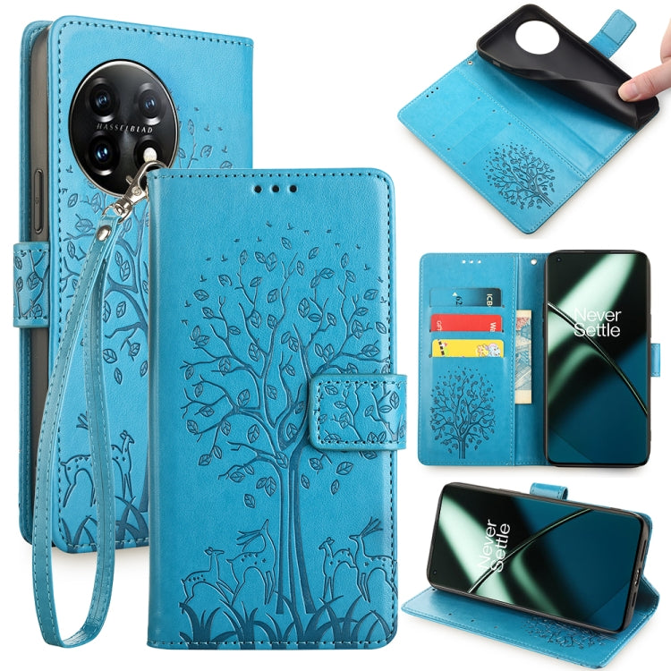 Blue tree and deer embossed leather phone case with flip cover and wrist strap