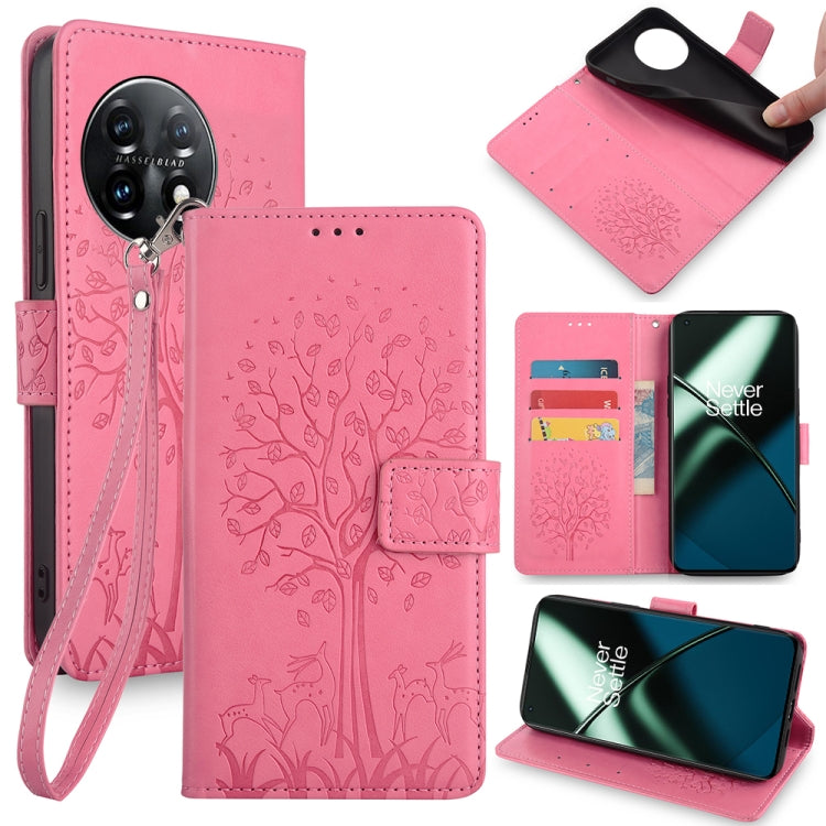 Rose pink tree and deer embossed leather phone case with flip cover and wrist strap