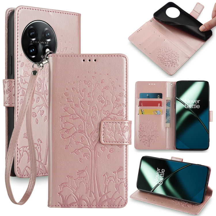 Light pink tree and deer embossed leather phone case with flip cover and wrist strap
