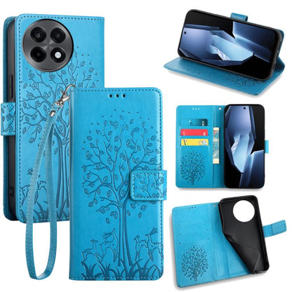Blue embossed leather phone case with tree-deer pattern, flip cover, wrist strap, stand view