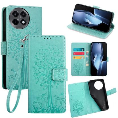 Light teal embossed leather phone case with tree-deer pattern, flip cover, wrist strap