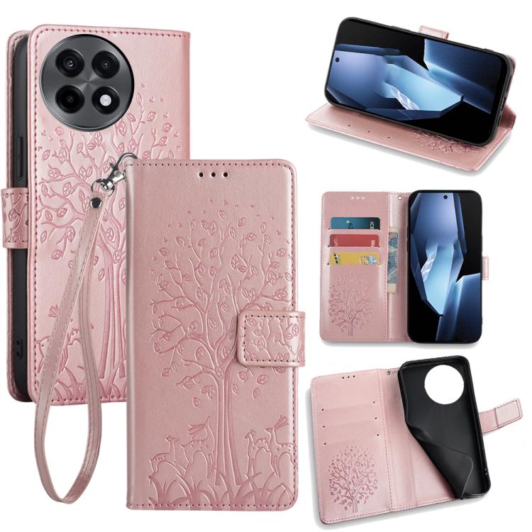 Pink tree and deer embossed leather phone case with flip cover and wrist strap