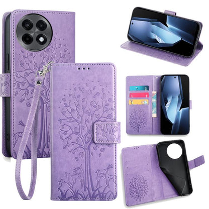 Purple tree and deer embossed leather phone case with flip cover and wrist strap