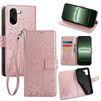 Embossed leather phone case in blush pink with tree-deer pattern, flip cover, wrist strap