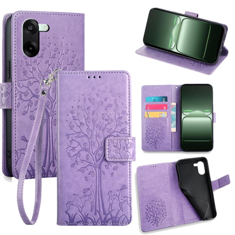 Embossed leather phone case in purple with tree-deer pattern, flip cover, wrist strap